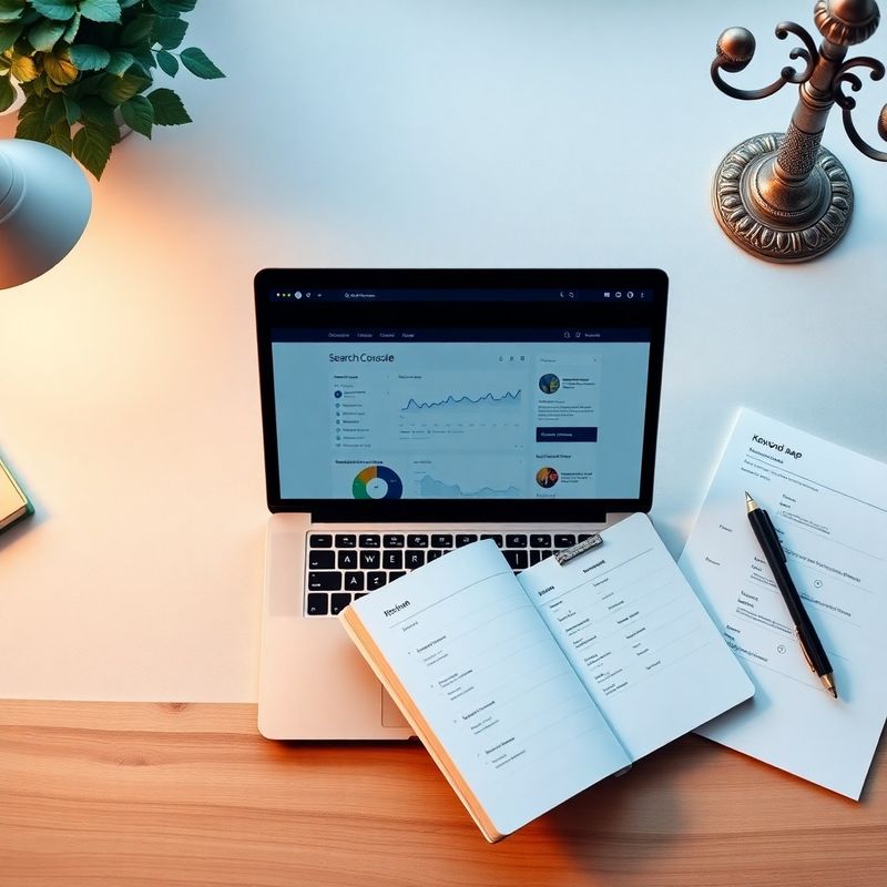 Pracovný stôl s notebookom, Search Console dashboardom a mapou kľúčových slov